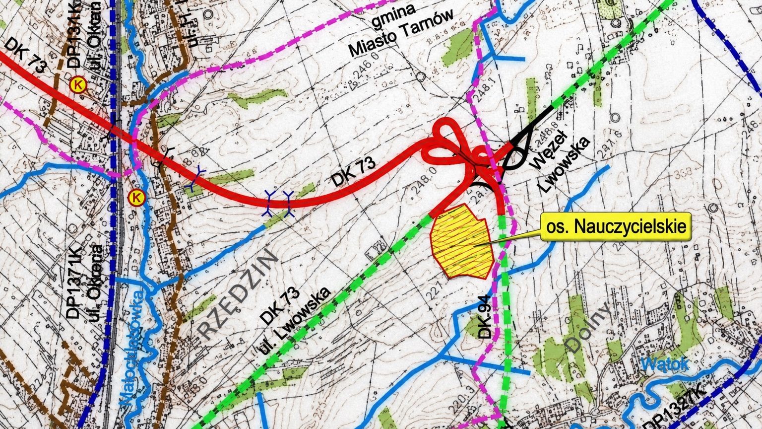 Poglądowa mapa jednego z rozważanych przebiegów wschodniej obwodnicy Tarnowa w odniesieniu do Osiedla Nauczycielskiego